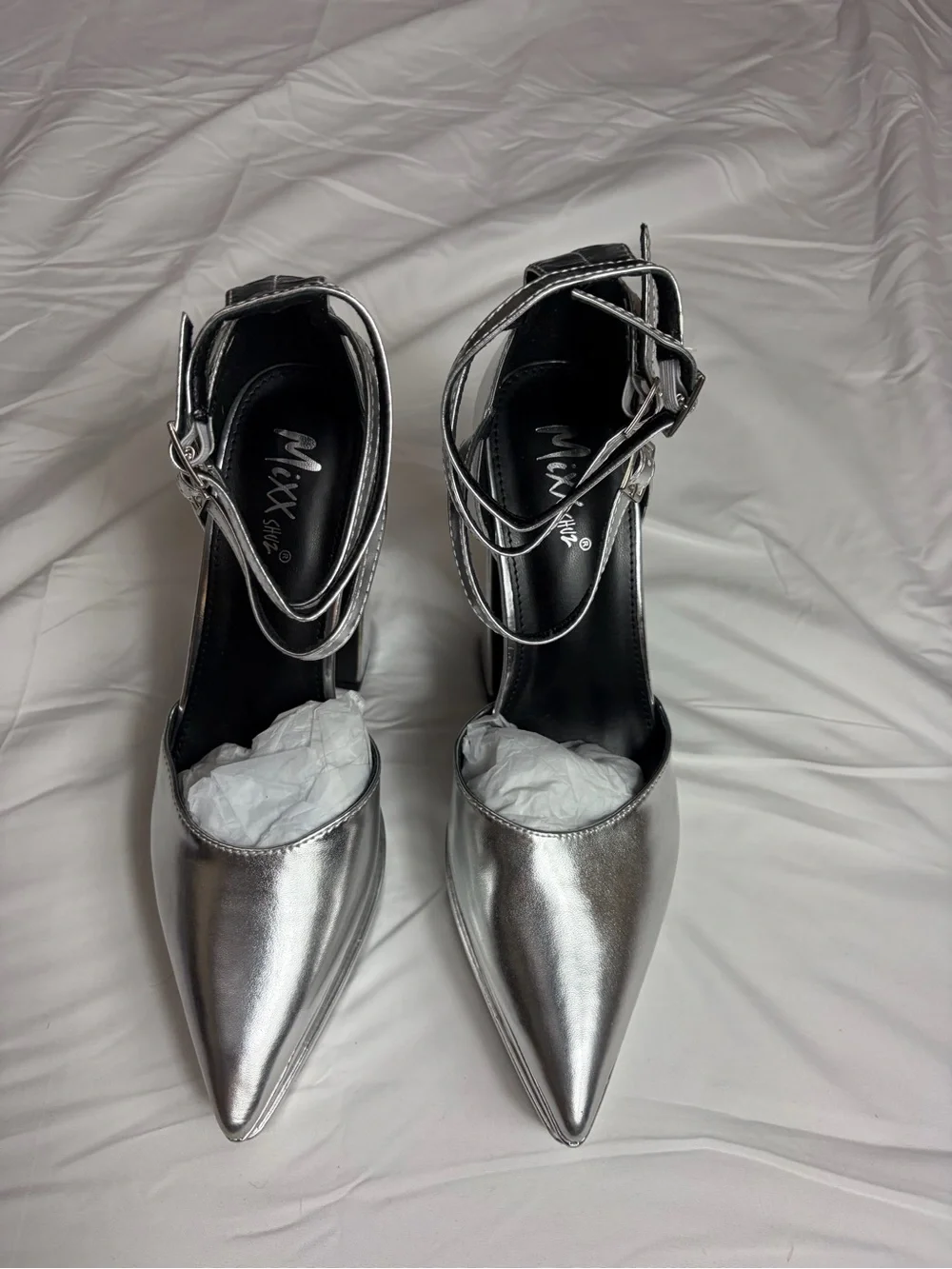 Silver metallic vegan pointy toe extreme platform Mary Jane heels size 8.5 & 9